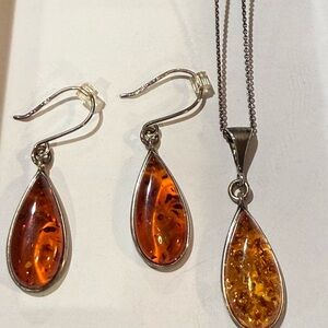 Genuine Amber and Silver Teardrop Jewelry Set
